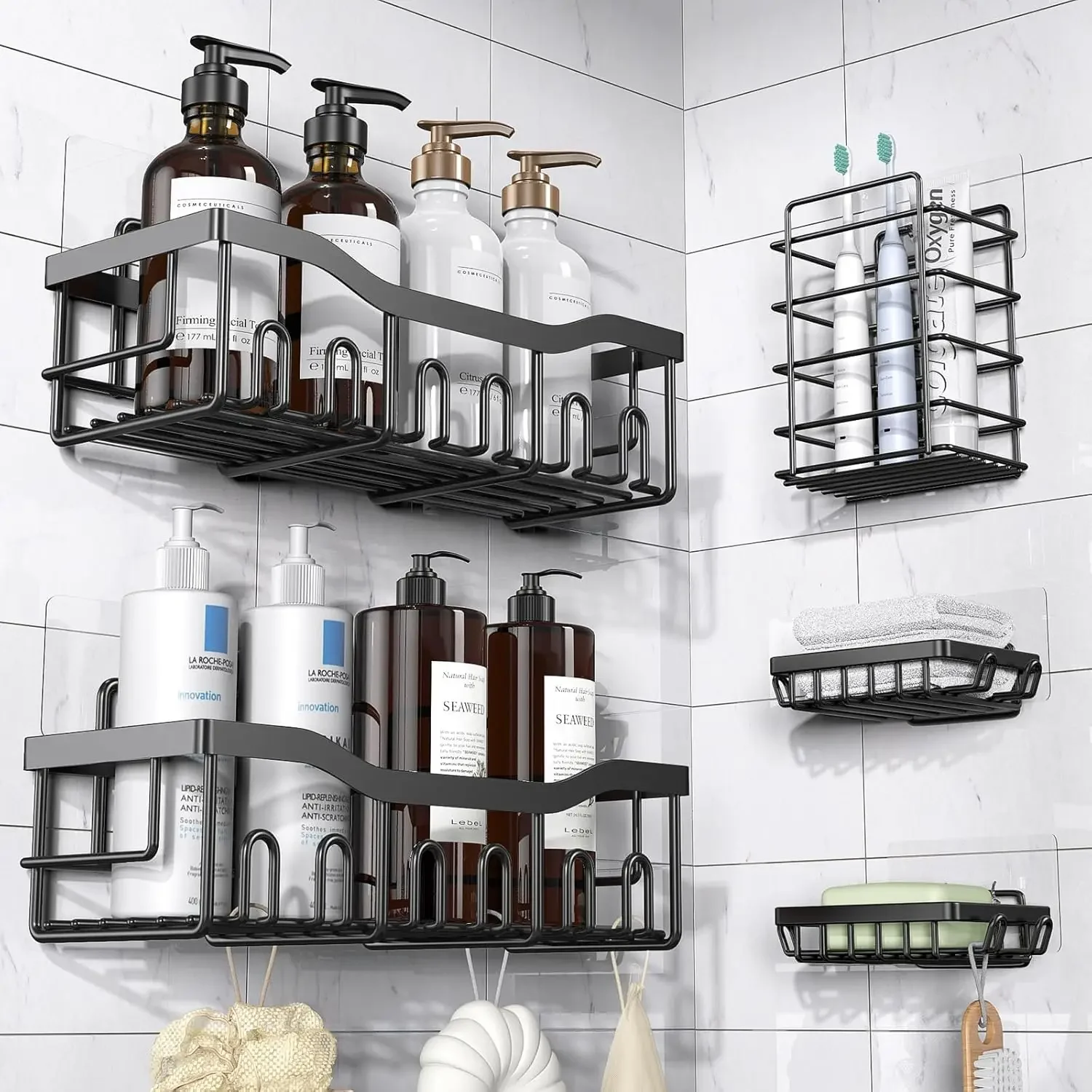 5Pcs Rustproof Stainless Steel Shower Caddy No Drill Bathroom Shelves Wall Mounted Storage Rack Organizer with Towel Bar for Shampoo Soap Toothbrush Home Bath Accessories