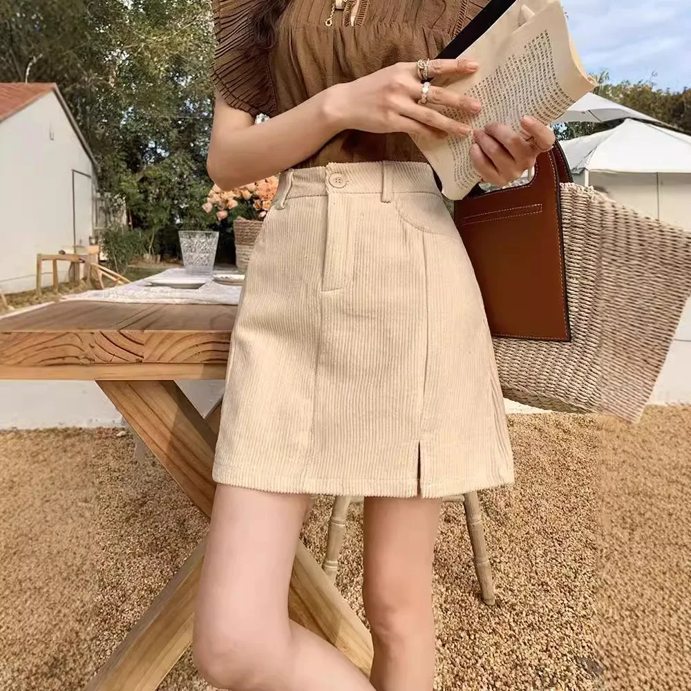 New Corduroy A-Line  Skirt for Women Black High Waist plus Size Slimming Short Skirt Spring Autumn Seasonal Fashion Style