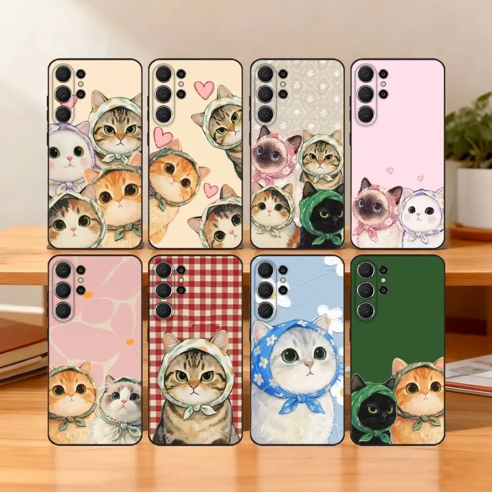 

C-Cute cat family Phone Case For Samsung S25,24,23,22,30,21,10,9,Ultra,Plus,Lite,FE Black Soft Case
