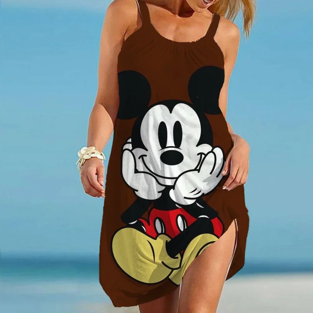 Disney Dress Minnie Mickey Women Bohemian Outing Beach Casual Sexy Mini Dress Camisole Goofy 3D Print Party Evening Dresses Boho