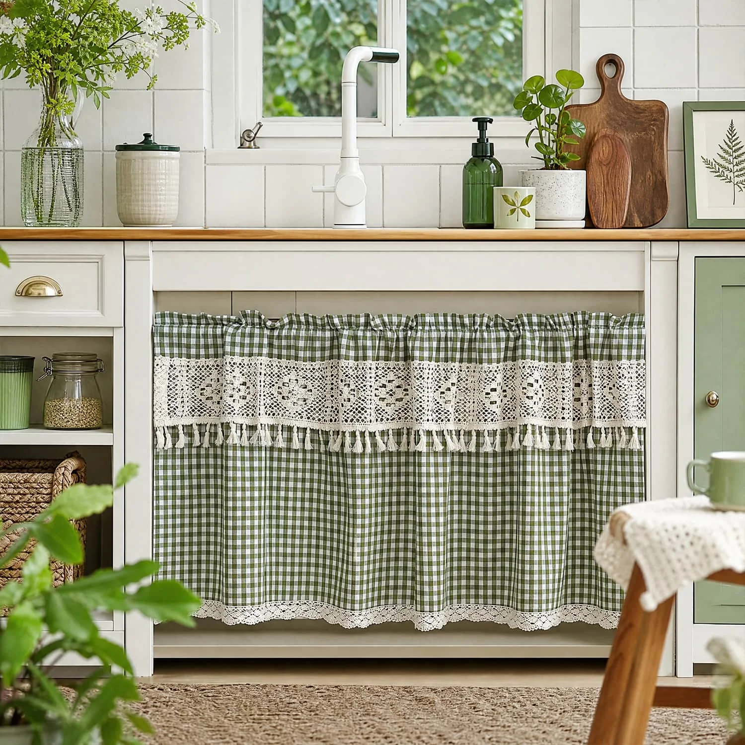 1Pc,Green White Gingham Short Curtains with Crochet Tassels Trim for Kitchen Window Cabinet Sink Home Decor