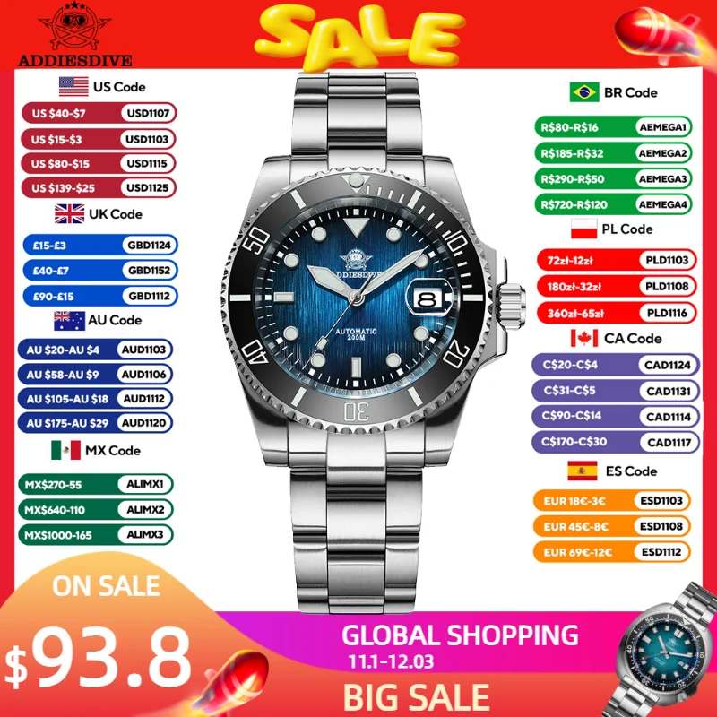 ADDIESDIVE 41mm Men's Automatic Diving Watch Top Brand Sapphire Glass BWG9 Super Luminous 200m Waterproof Fashion Sports Watches