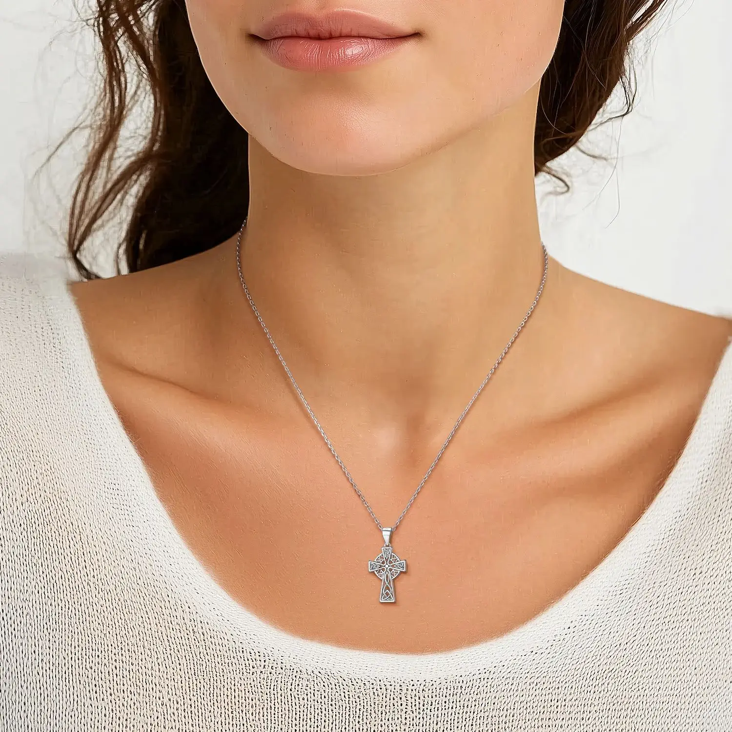 

U7 925 Sterling Silver Celtic Cross Necklace for Women 18inches Rolo Chain Cross Irish Traditional Dainty Jewelry Gift for Her