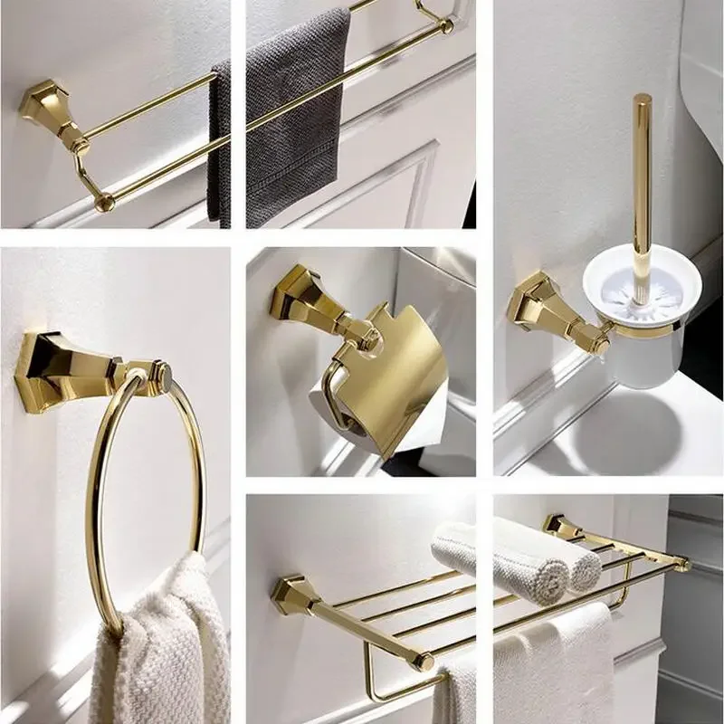 Solid Brass Golden  Geometric Bathroom Hardware Set Bath Towel Shelf  Toilet Brush Soap Dispenser Towel Bar