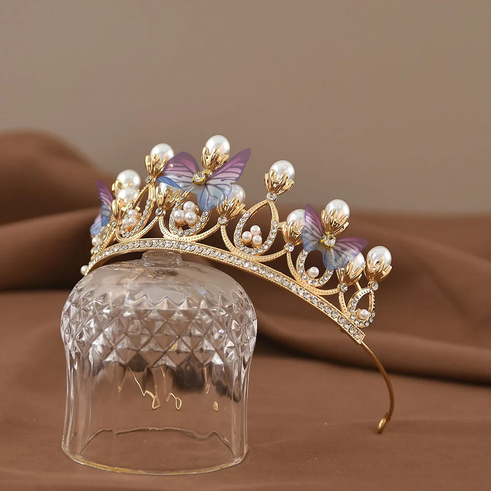 Butterfly Pearl Handmade Crown Crystal Tiaras for Princess Queen Girls Birthday Party Gift Performance Wedding