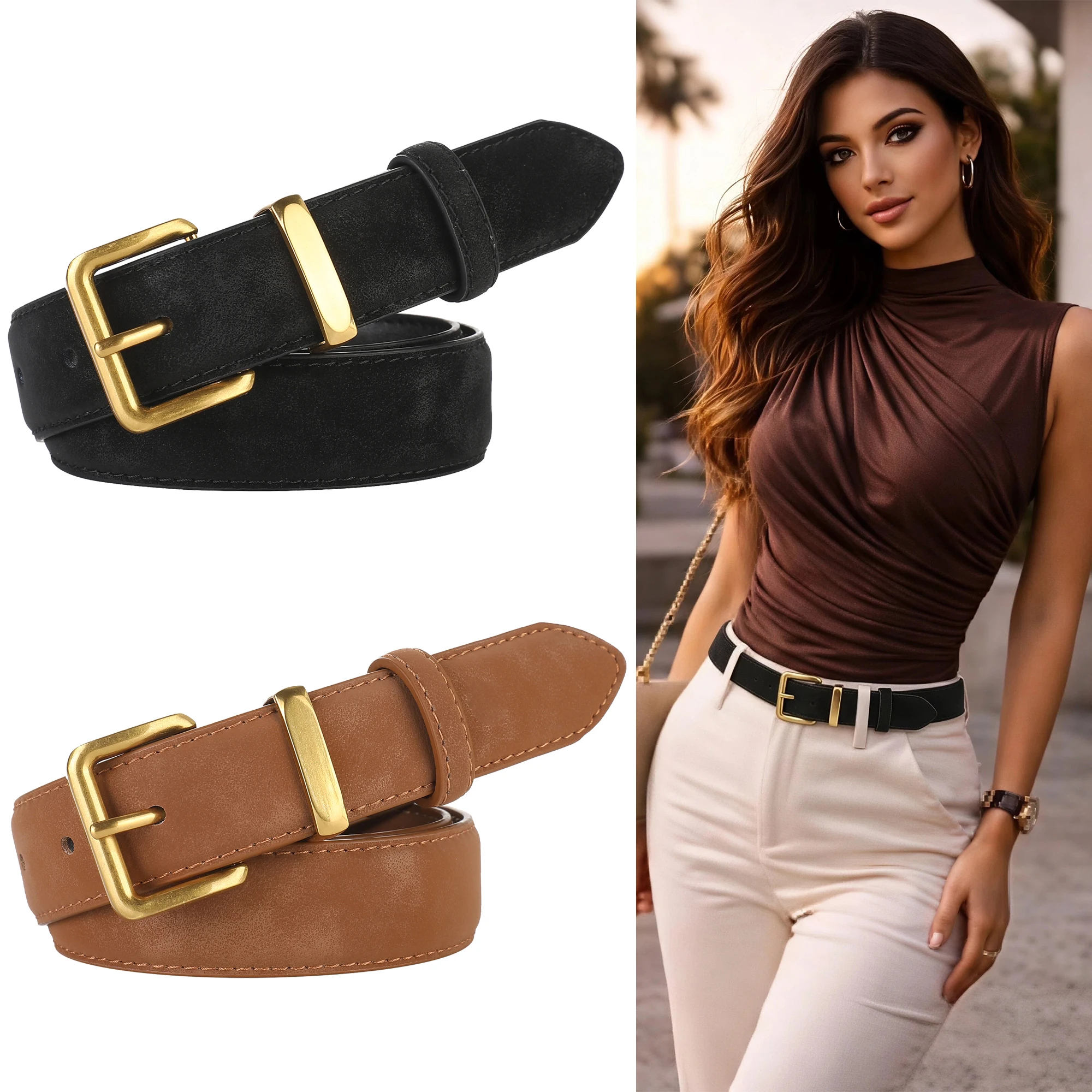 Vintage Women Suede Leather Belt Golden Square Pin Buckle Adjustable For Jeans Pants Suit Commuting Ladies Decorative Belt