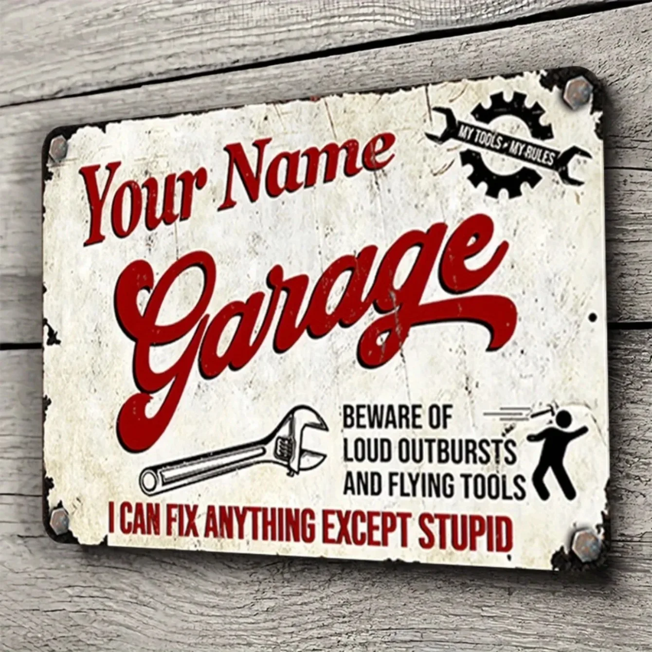 Vintage-Style Retro Aluminum Garage Sign - Custom-Text Personalized, Scratch-Resistant Wall Decor, Great for Men's Workshops.
