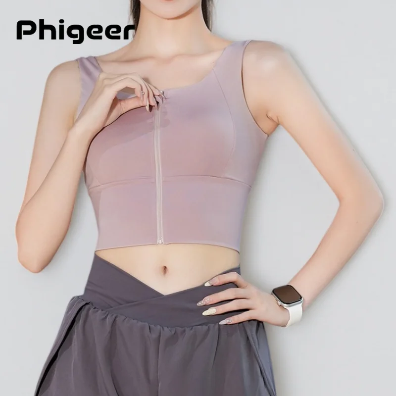 

PHIGEER U-Neck Yoga Bra with Fixed Cups Front Zipper Design Shockproof Sports Bras Women Lightweight Quick Dry Workout Crop Top