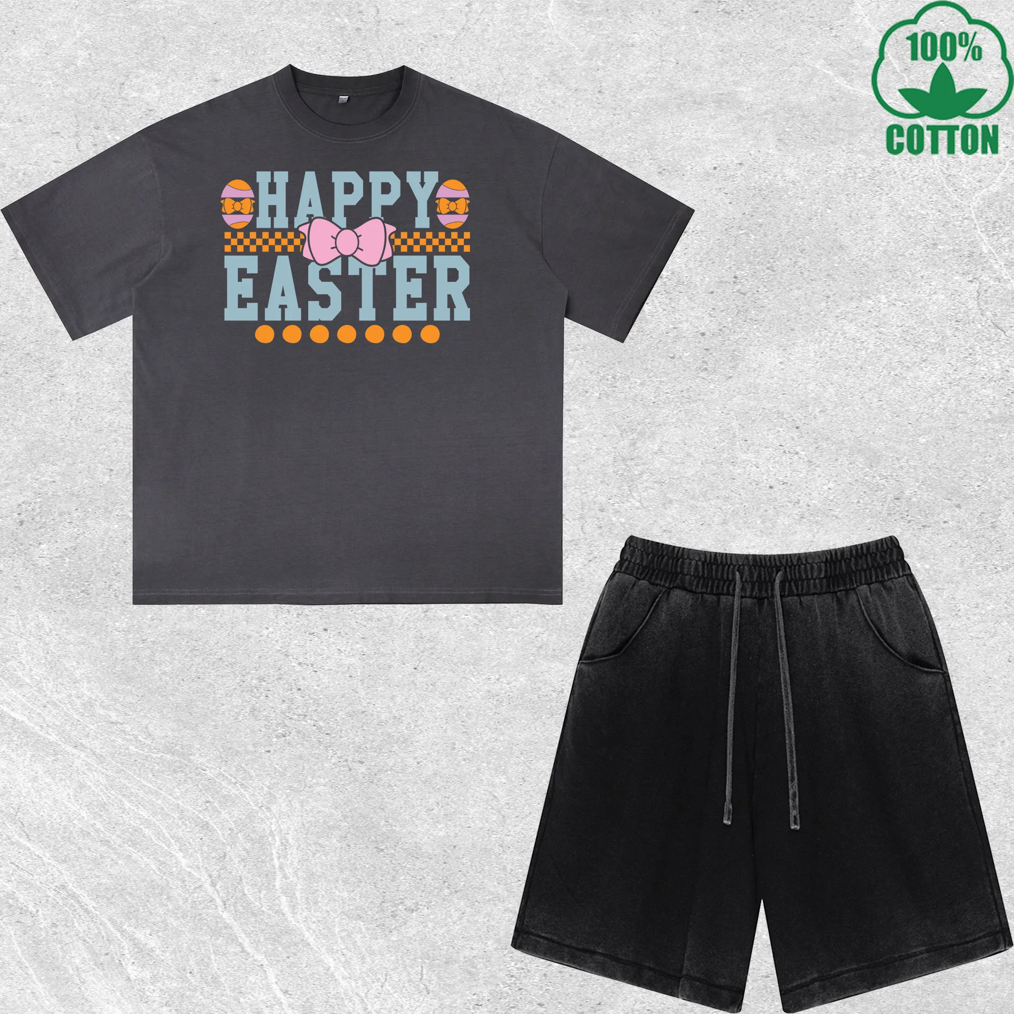 

Happy Easter Printed Dirty Wash T-Shirt Shorts Set Multicolor Combo Loose Trendy Fashionable 100%Cotton Short Value Pack