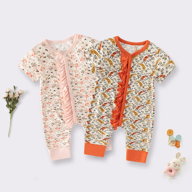 

Ins Europe And America Style Newborn Girl Bodysuit Single Breasted Patchwork Floral Print Baby Girls Romper Infant Girl Jumpsuit