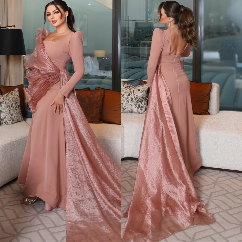 

Customized Elegant Jersey Court Train Evening Dress Simple Long Sleeves Prom Dresses Luxury Square Collar Special Occasion Gowns