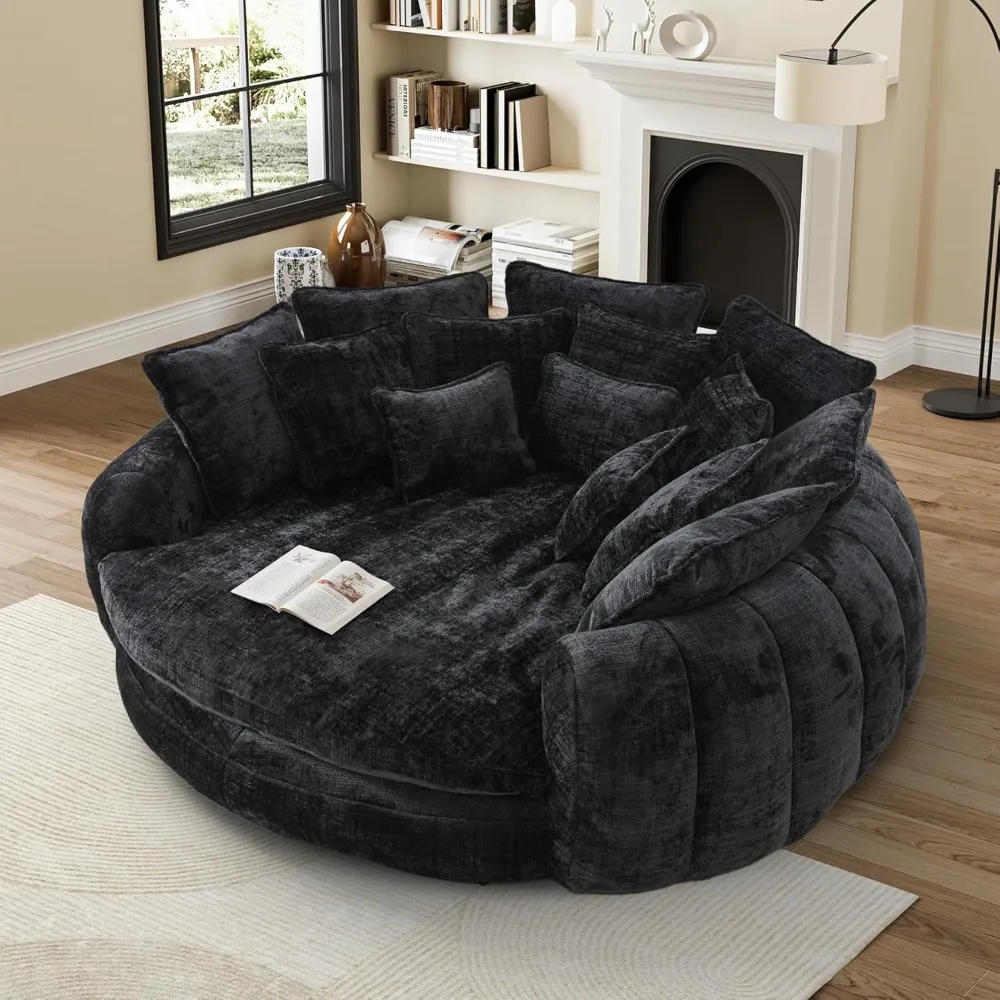 Silla de puf de gran tamaño de 81", sofá cama redondo tapizado de chenilla, sillón de felpa esponjoso para interiores, nube cómoda y moderna C