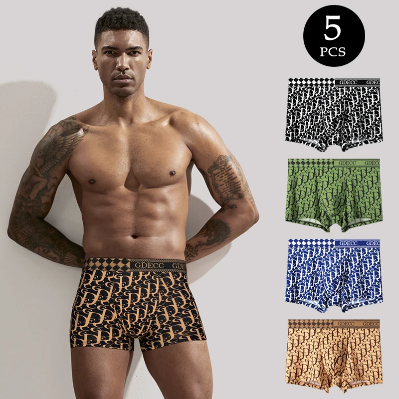 

5-pieces set - Men's flat underwear with smooth, refreshing and breathable nylon ice silk, printed with letter patterns