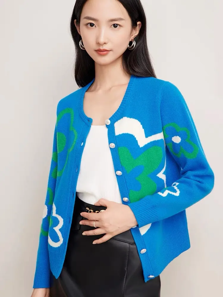 Azul jacquard malha camisola cardigan feminino elegante moda senhoras malhas topos manga longa o pescoço casual chique jumpers 2025