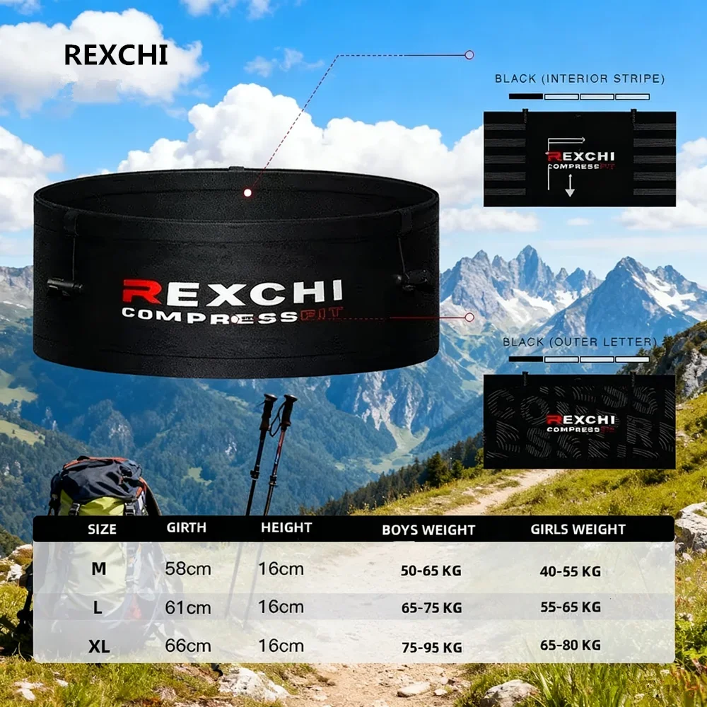 حقيبة خصر رياضية مضغوطة خفيفة الوزن للاستخدام الخارجي من REXCHI باللون الأسود، حزام خصر رياضي مضغوط على الوجهين لمارثون