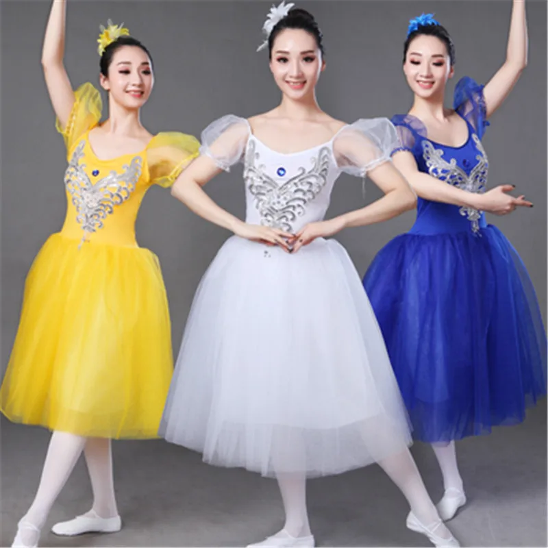 Adult Puffer sleeve ballet long dress Exercise suit pink color Swan Lake long veil performance costume girl's TUTu dress