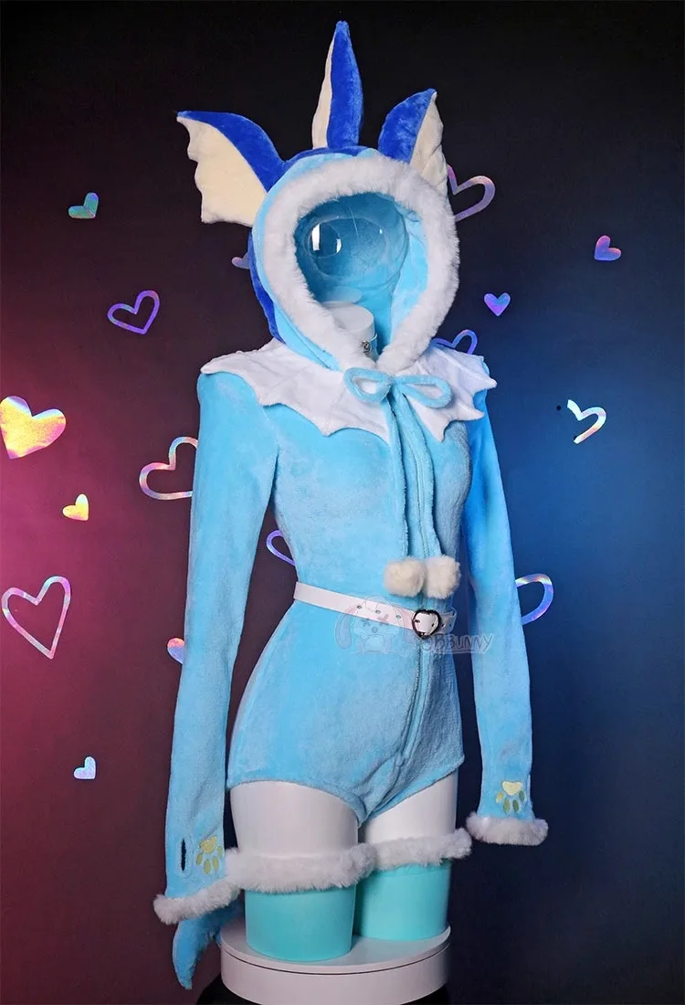 Anime Vaporein Cosplay Traje para Mulheres, Flanela Sexy, Bodysuit Com Capuz, Meias De Cauda, Coelho Menina, Pijama De Pelúcia Kawaii, Macacão Bonito