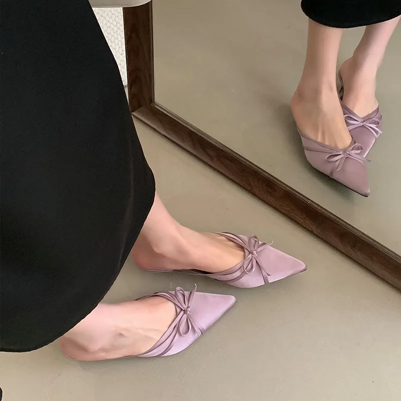 

Модная обувь на низком каблуке, туфли-лодочки на мелком каблуке, шлепанцы для женщин, туфли-лодочки с узлом-бабочкой, женские туфли на каблуке с острым носком