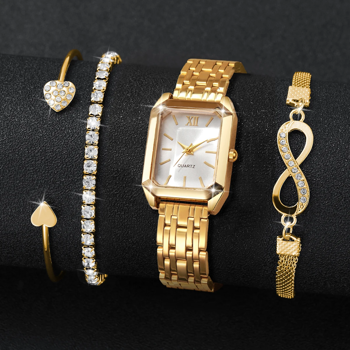 4PCS Elegant Rectangle Women Watch Rhinestone Bracelets Set Fashion Roma Dial Quartz Wristwatches Relogio Feminino (Without Box)