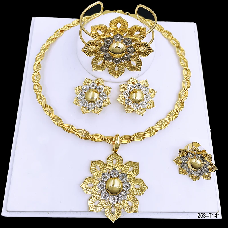 

Women Jewelry Set Necklace Earrings Bracelet And Ring Flower Pendant Two Tone Design Dubai Jewelry Luxury Quality NO Fade