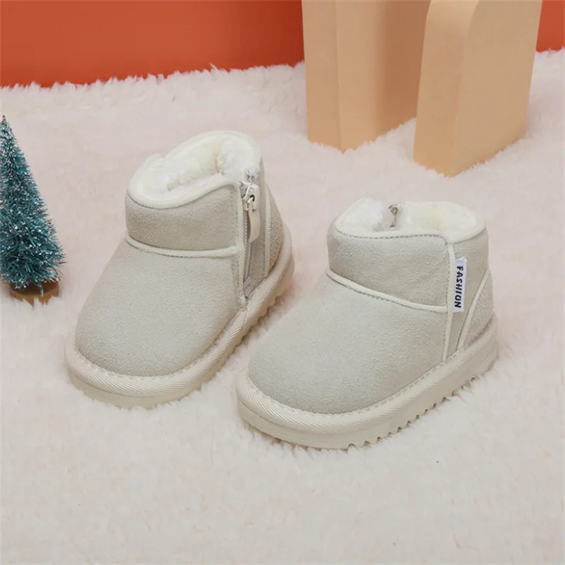 2023 New Winter Baby Snow Boots Leather Warm Plush Infant Shoes Zip Side Soft Sole Fashion Toddler Boys Girls Boots 15-25