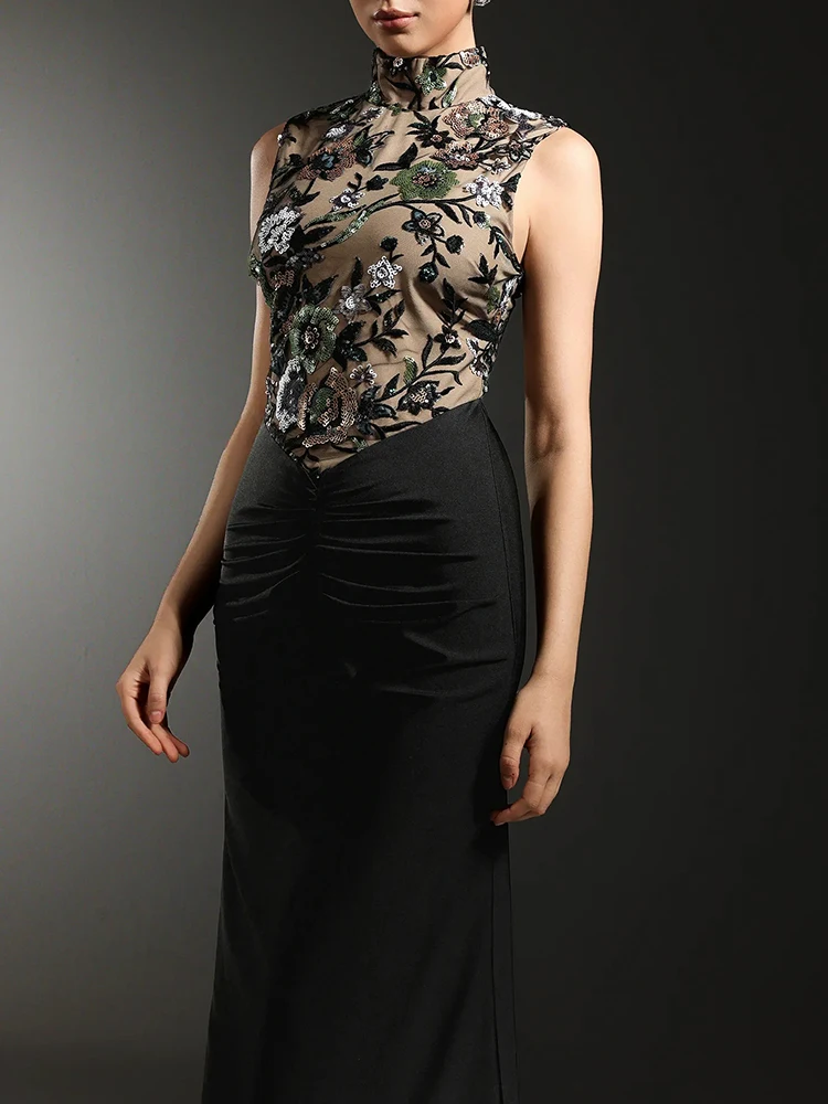 Elegant Black Maxi Evening Dresses–Sleeveless High Neck Floral Embroidered Sheer Bodice Dress Women Prom & Wedding Guest Outfit