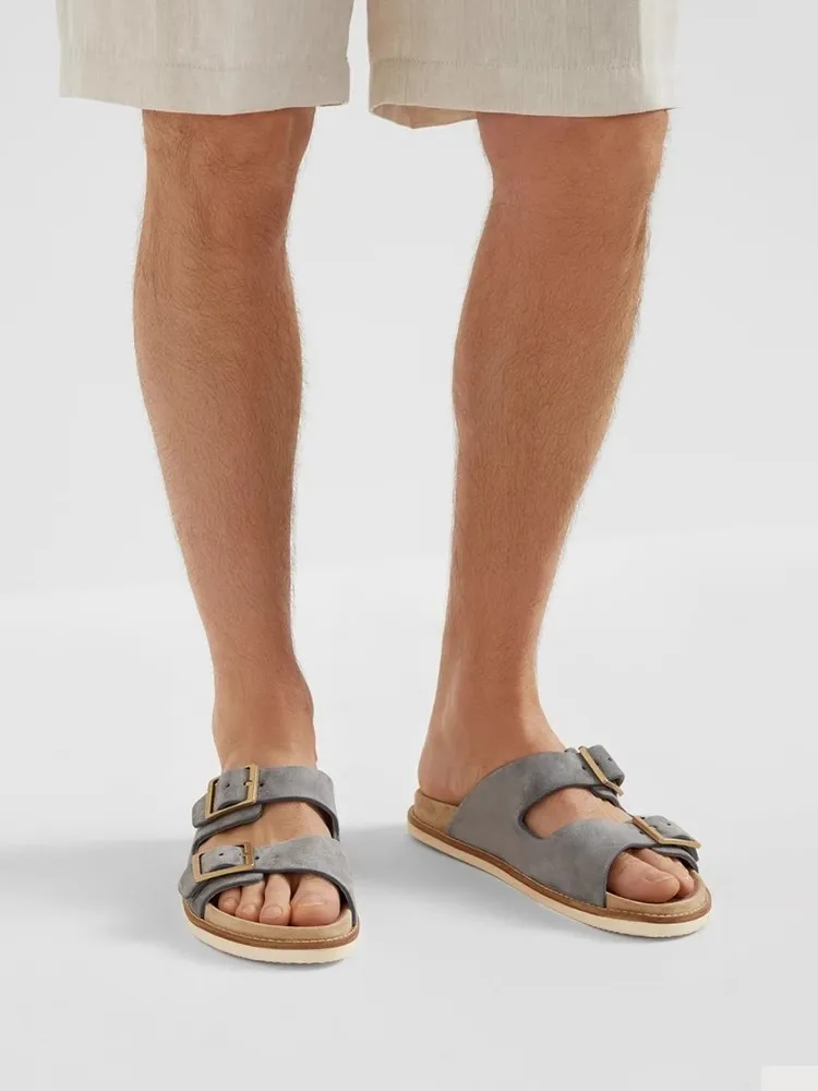 Mens Genuine Leather Slippers Summer Footwear Non-Slip Breathable Open Toe Flat Beach Shoes Buckle Fashion Nubuck Leather Slides