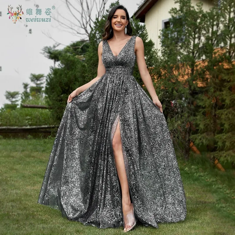 

Luxurious Evening Party Shiny Fabric High Slit Sexy Fishtail Skirt Elegant V-neck Sleeveless Backless Slim Fit Evening Gown