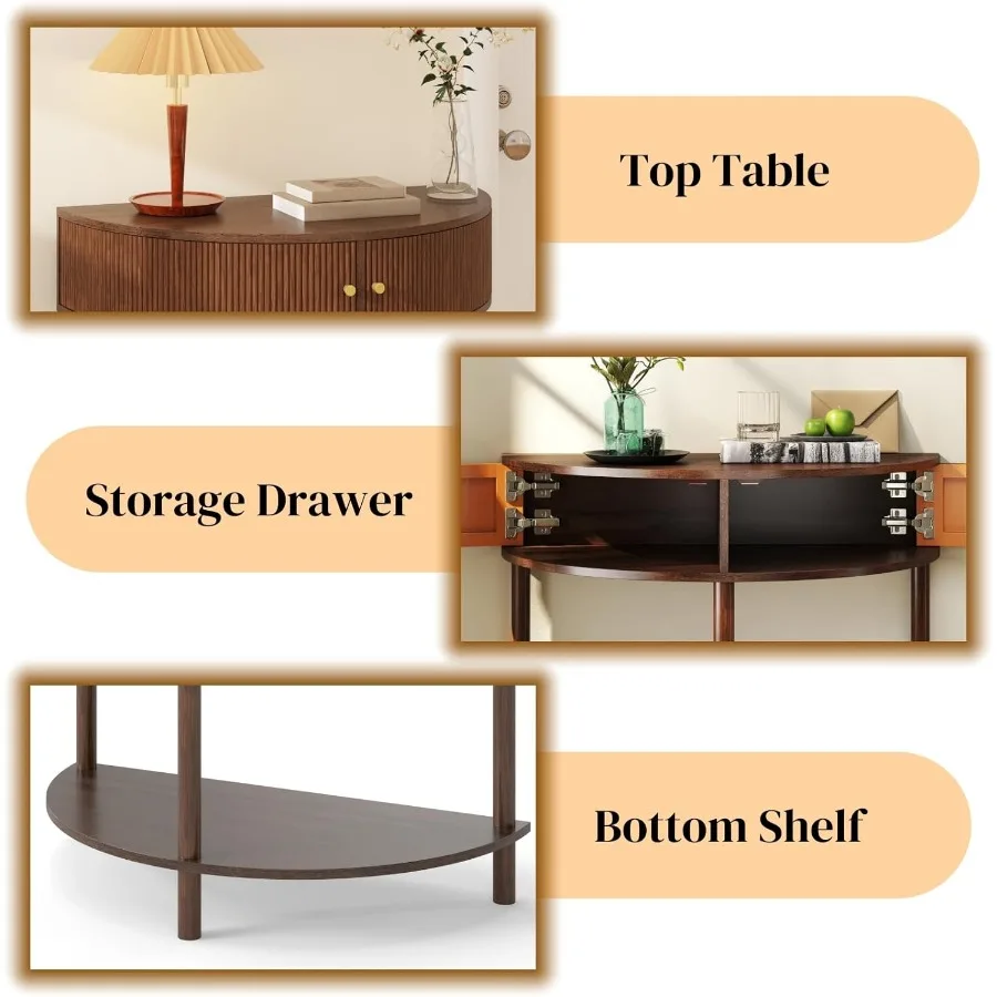 현관 테이블 수공예 반달형 플루티드 콘솔 테이블 2개의 라탄 수납 공간이 있는 작은 반원형 테이블 복도용