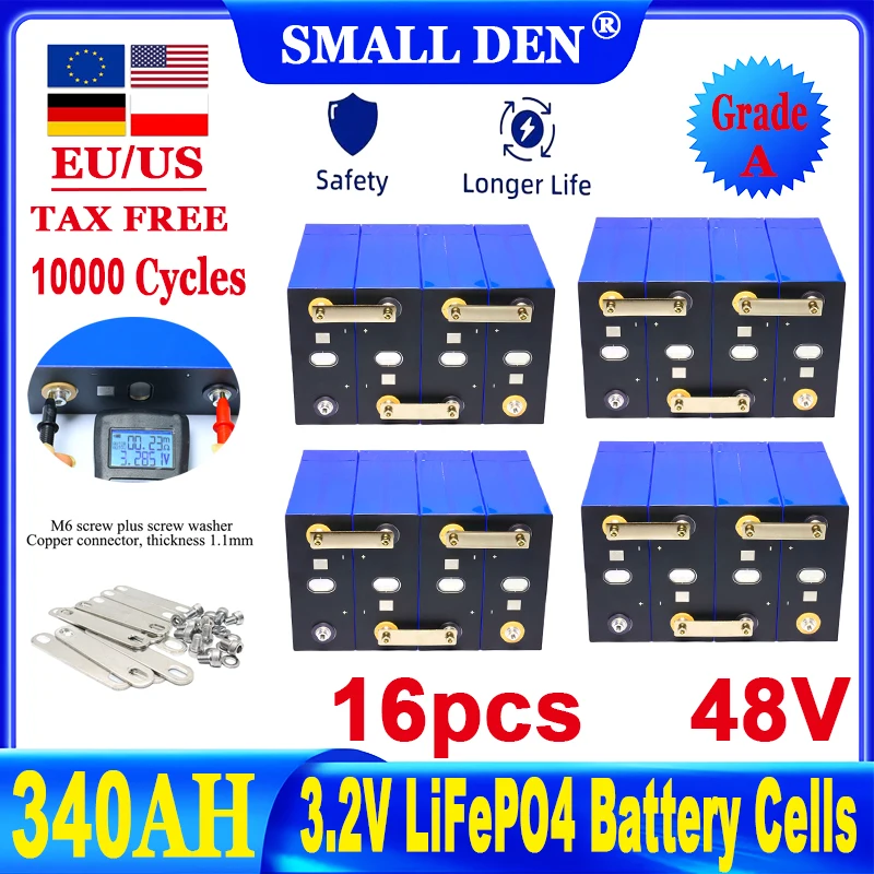 

16pcs Power Battery 3.2V 340Ah Lifepo4 Battery 10000 cycle diy 12V 24V 48V A-class 3C RV Solar Golf Cart Rechargeable cell NoTax