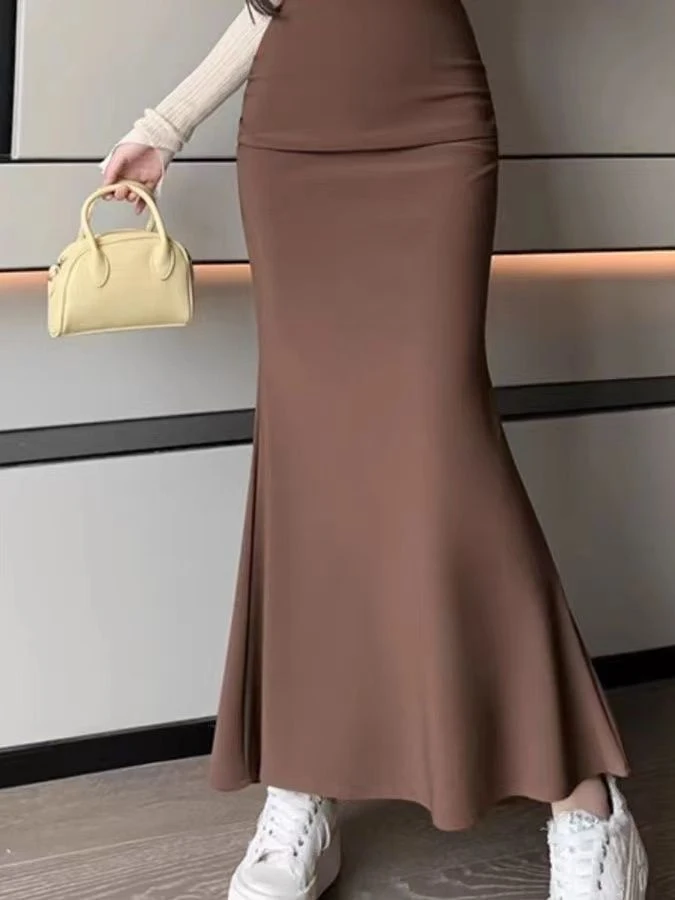 Fashionable Korean Style Pure Color Elastic Waist Fish Tail Skirt Autumn New Arrival plus Size Women's A-Line Midi Skirt view 3