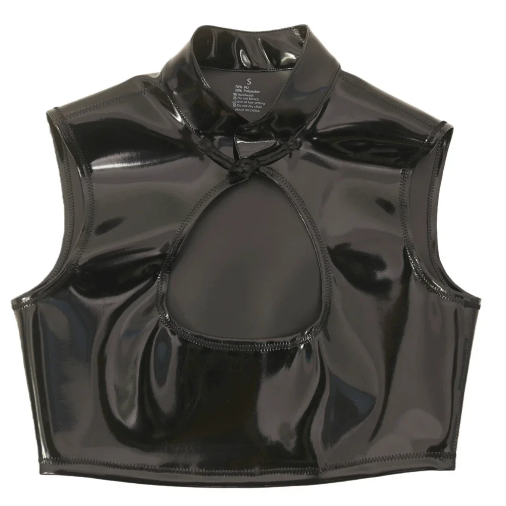 

Сексуальная женская эластичная майка из искусственного латекса с вырезом Cheongsam, короткий топ из ПВХ, глянцевая блестящая сексуальная облегающая одежда для танцев горничной, сценическая одежда