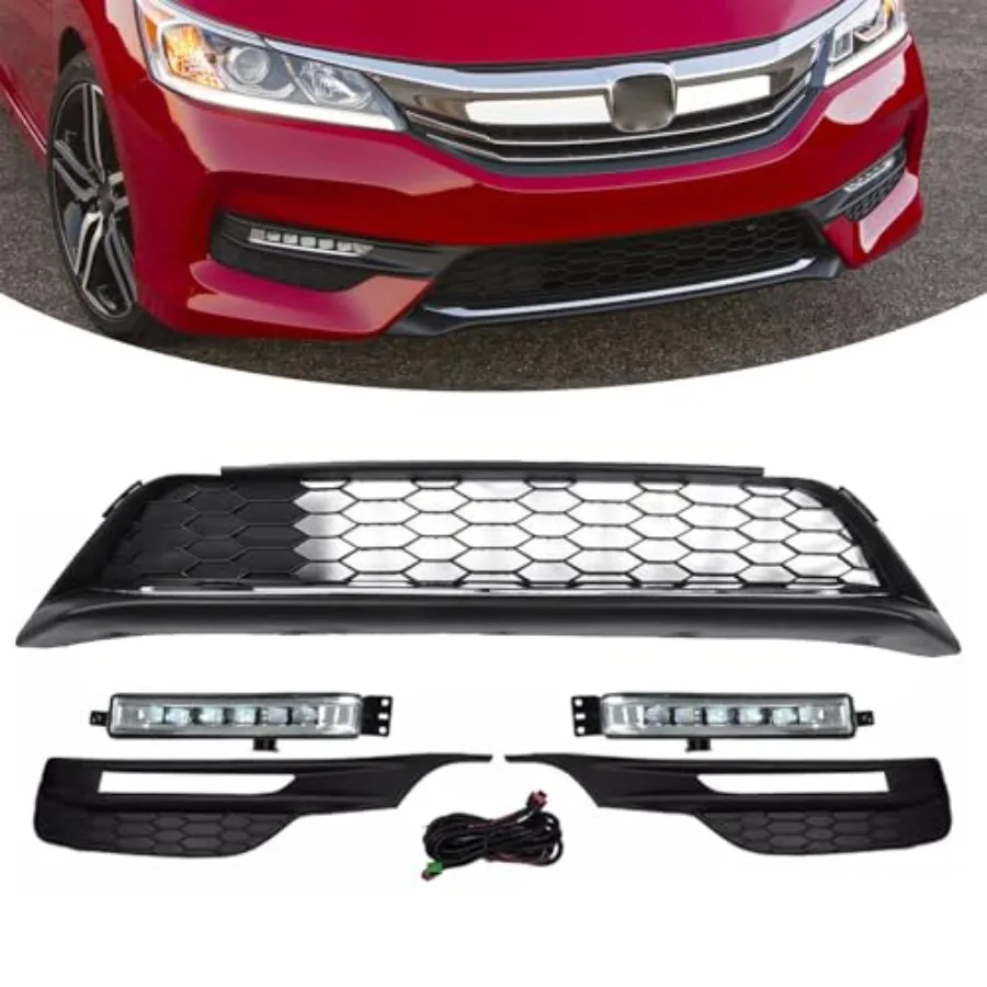 

Front Bumper Lower Grille LED Fog Lights Lamps Set Designed for 2016-2017 Honda Accord Sedan Enhanced Front Lower Grille Kit Re