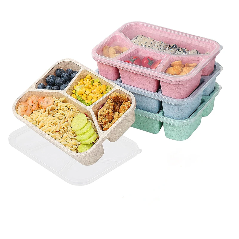 

Lunch box containers for kids school Wheat straw plastic 4 Compartment Safe Food Storage Containers bento lunch box for kids