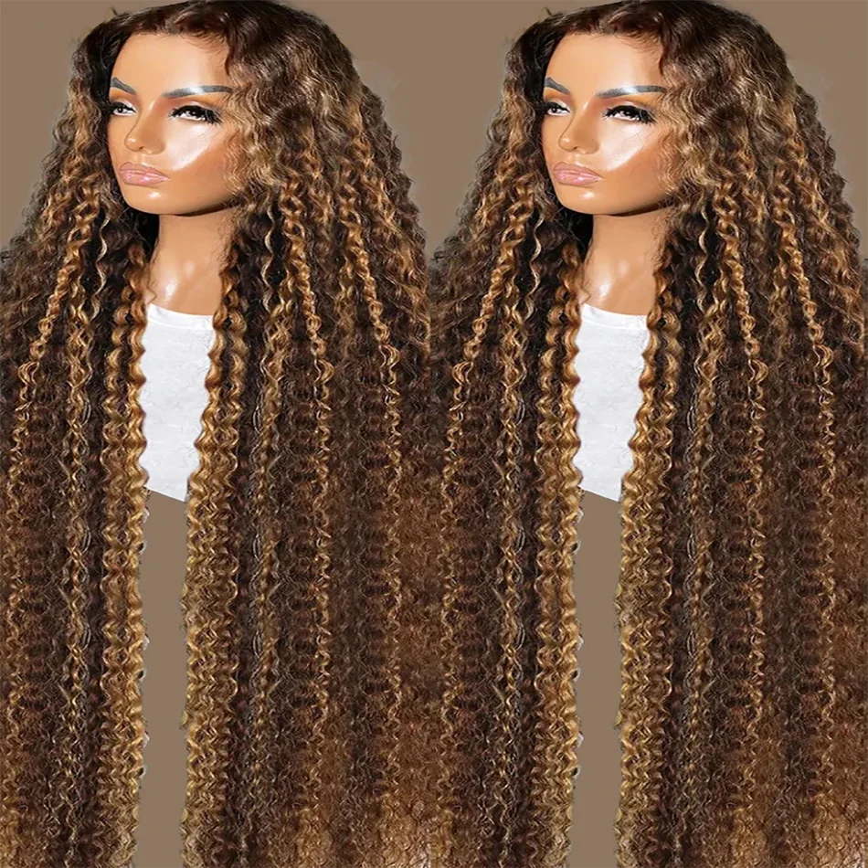 200 Density Deep Wave 32 Inch 4/27 Highlight Ombre Colored Curly 7x5 Glueless Remy Human Hair Wig Pre Cut For Women On Sale