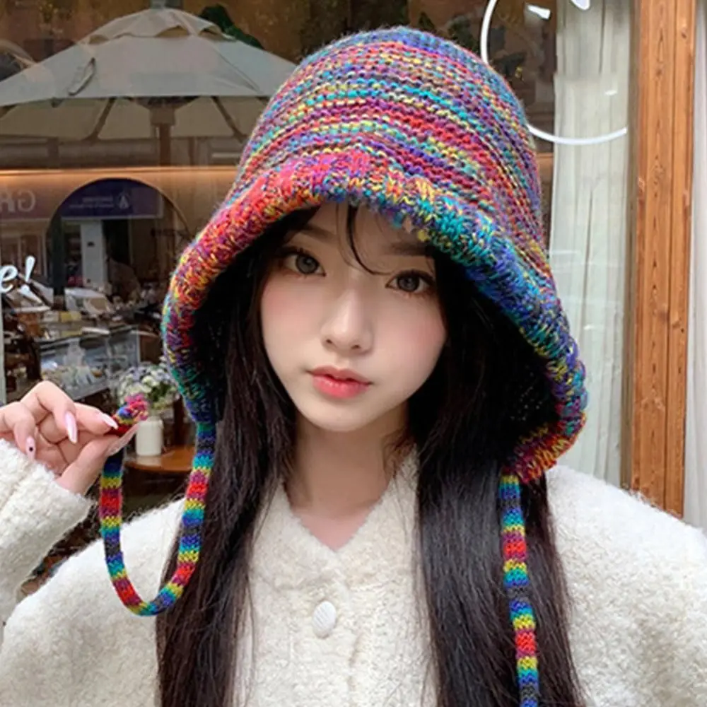 Rainbow Striped Knitting Beanie Hat Thick Knit Handmade Crochet Winter Bucket Hat Gradient Wool Soft Fabric Crochet Cap
