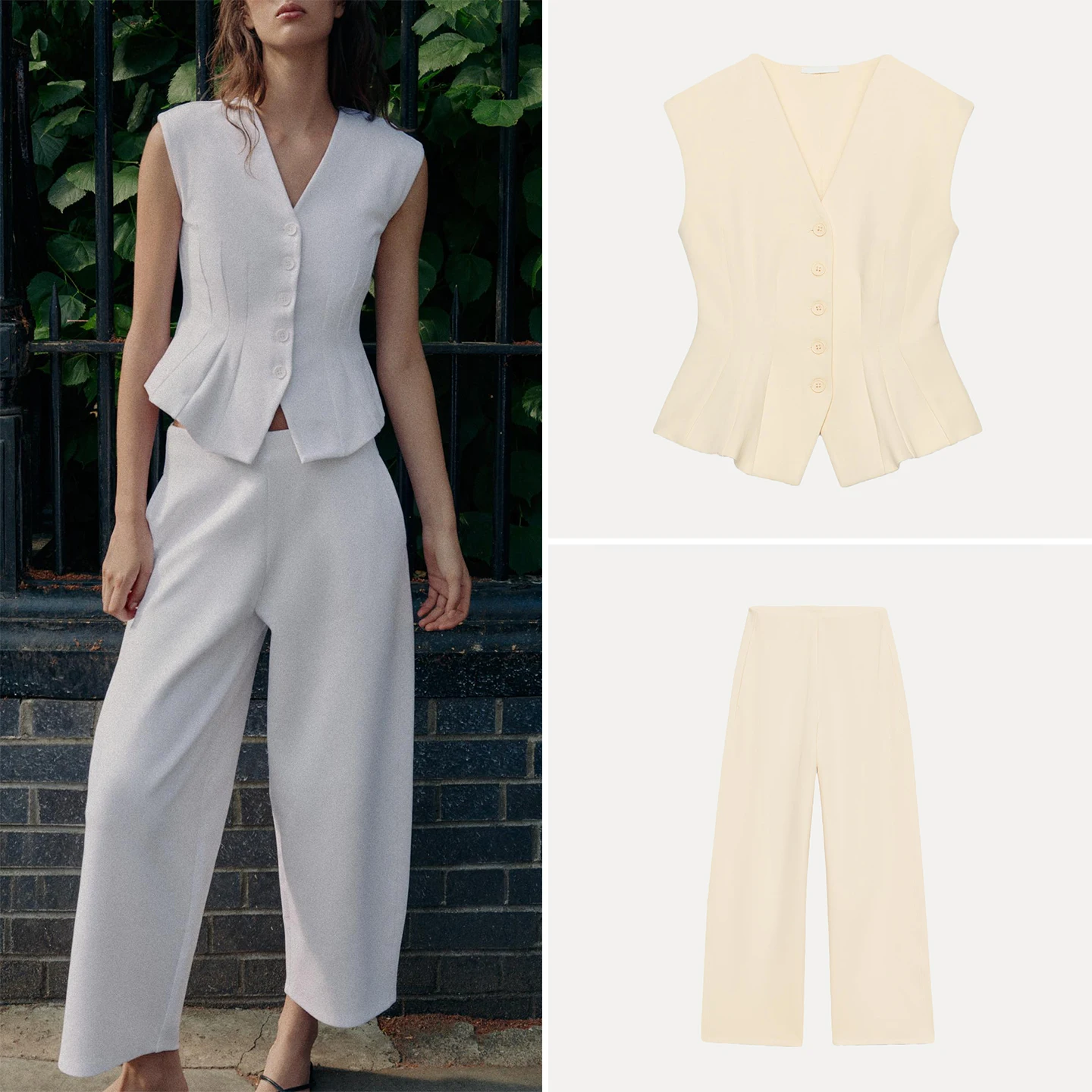 Women's Fashion V-neck Double-sided Fabric Buttoned Vest Top And Wide Leg Pants Set Autumn Collection ZADATA Brand