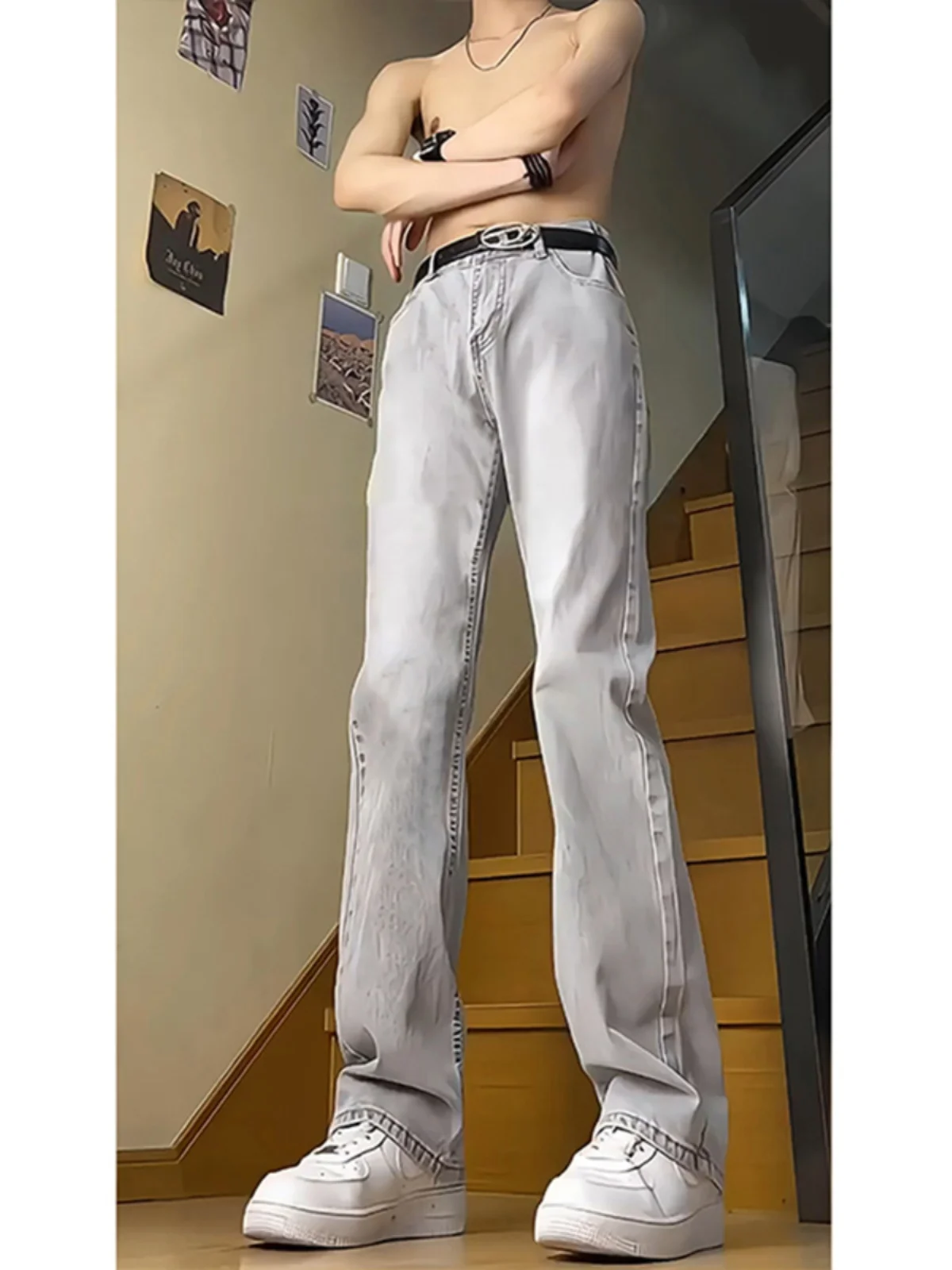 

Slim Fit Light ey Denim Jeans Men's Summer Tall American Retro Sle Straight Leg Micro Flared Pants Youth Trendy Cotton Blend