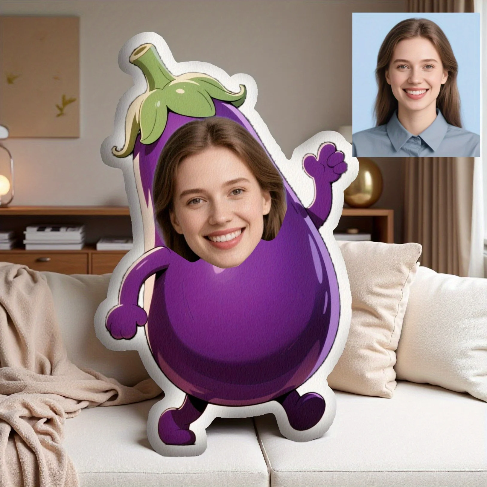 Foto personalizada, divertida almohada de berenjena personalizada hecha de tela de felpa suave, colores brillantes, regalo de cumpleaños único, decoración del hogar