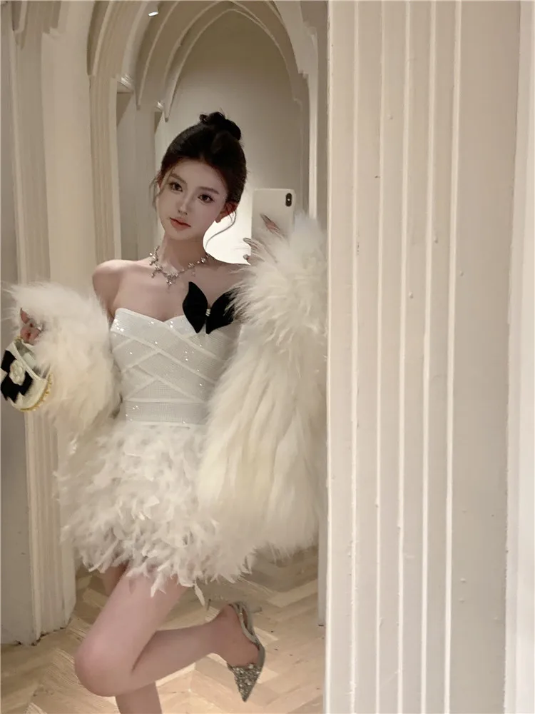 Zoete Boog Glitter Diamant Zwart Wit Mini Jurk Vrouwen 2023 Nieuwe Sexy Ballet Veren Jurk Strapless Korte Verjaardagsfeestje Jurk