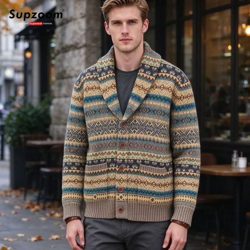 Supzoom 2026 New Arrival Top Fashion Turn-down Collar Regular Wool Cardigan Male Casual Single Breasted Button Sweater Men