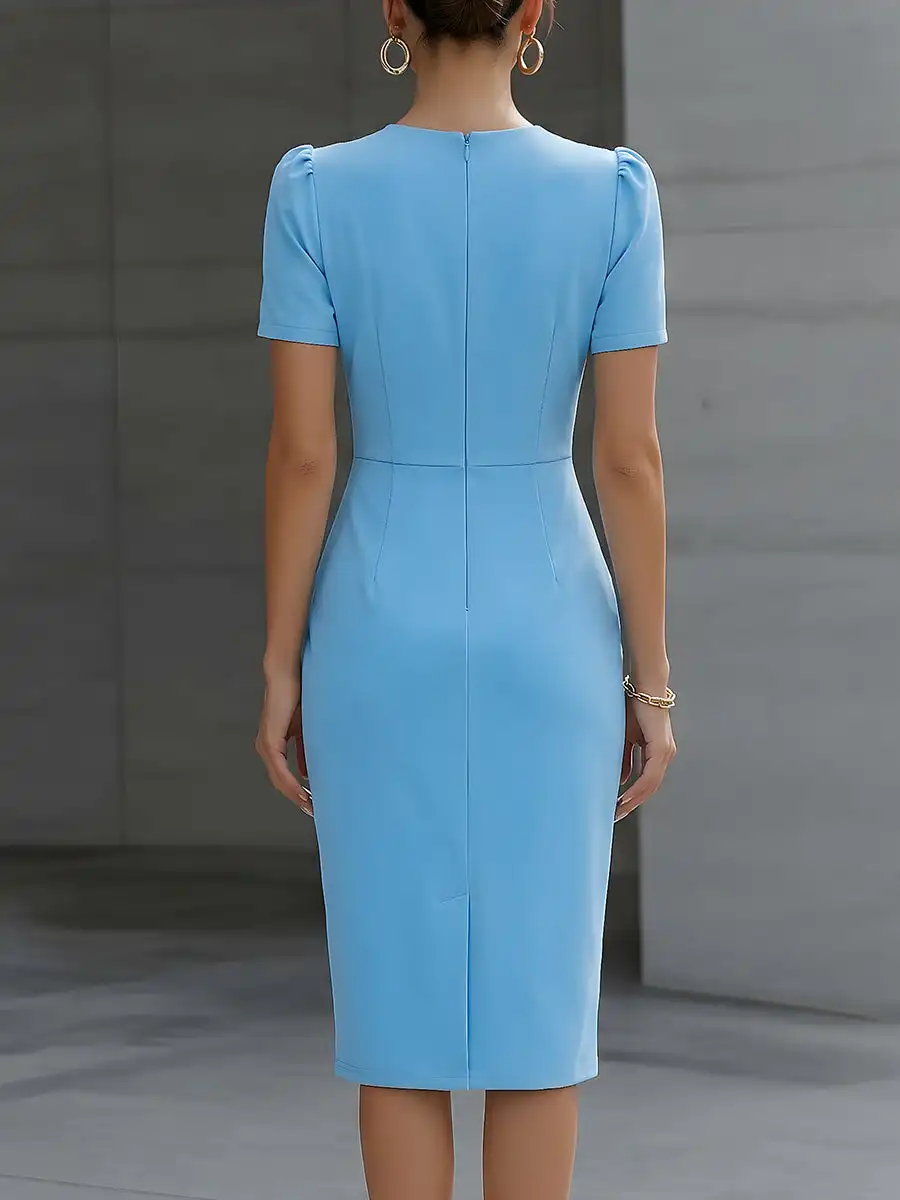 Bestseller Sommer Elegantes Businesskleid, Rundhalsausschnitt, Plissierte Taille, Taillierte Passform, Einfache Halbarm-Ärmel für Damen – Detail 6
