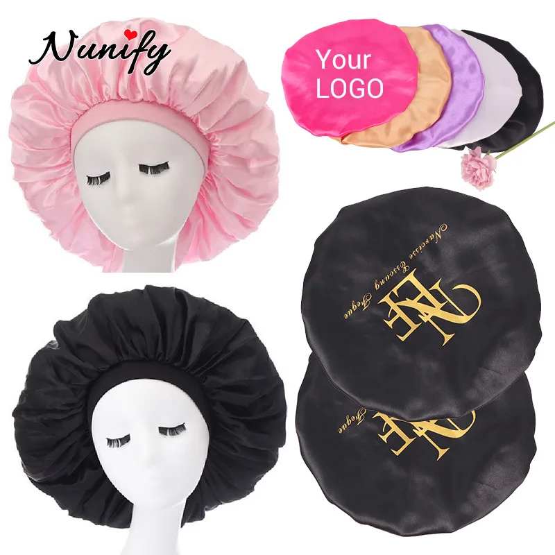 10Pcs Printed Logo Silk Bonnet BlueSatin Hair Bonnets For Black Women Pink Reusable Adjusting Hair Wrap Cap For Sleeping 42Cm