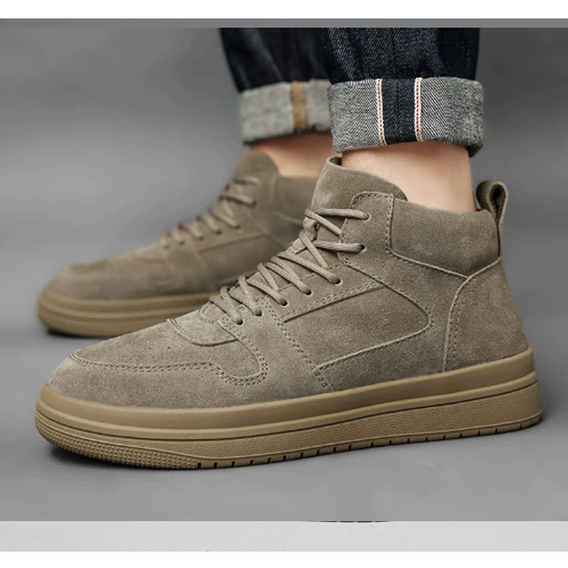 Men's Suede Thick-Soled Non-Slip Casual Ankle Boots High-Top Sneakers Fashion Board Shoes Flat Sole Footwear for Autumn/winter