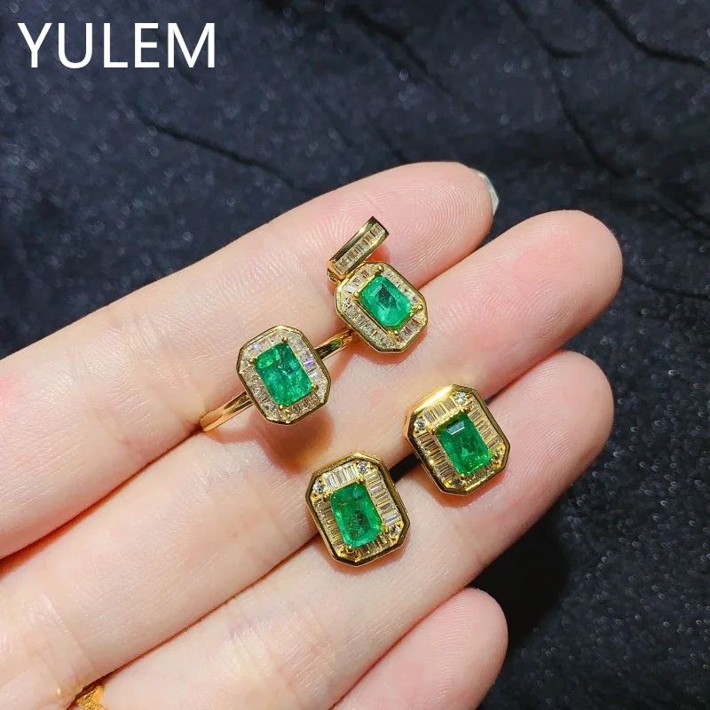 YULEM 4x6mm Natural Rectangle Emerald Set Silver 925 Earring Ring Pendant for Women Daily Wear