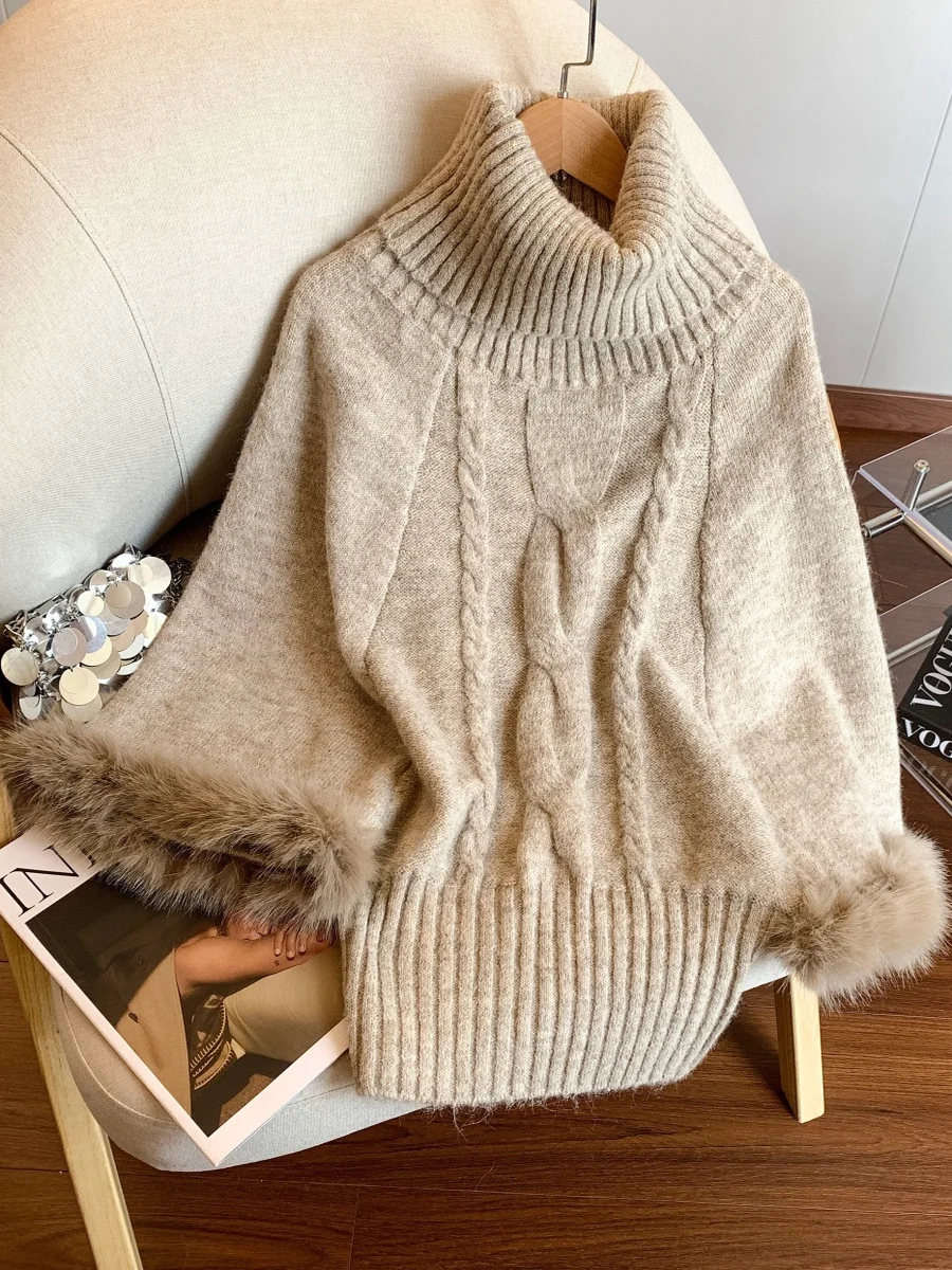 

Модный вязаный свитер-накидка с высоким воротником и рукавами «летучая мышь» для женщин, зимний стильный женский трикотаж