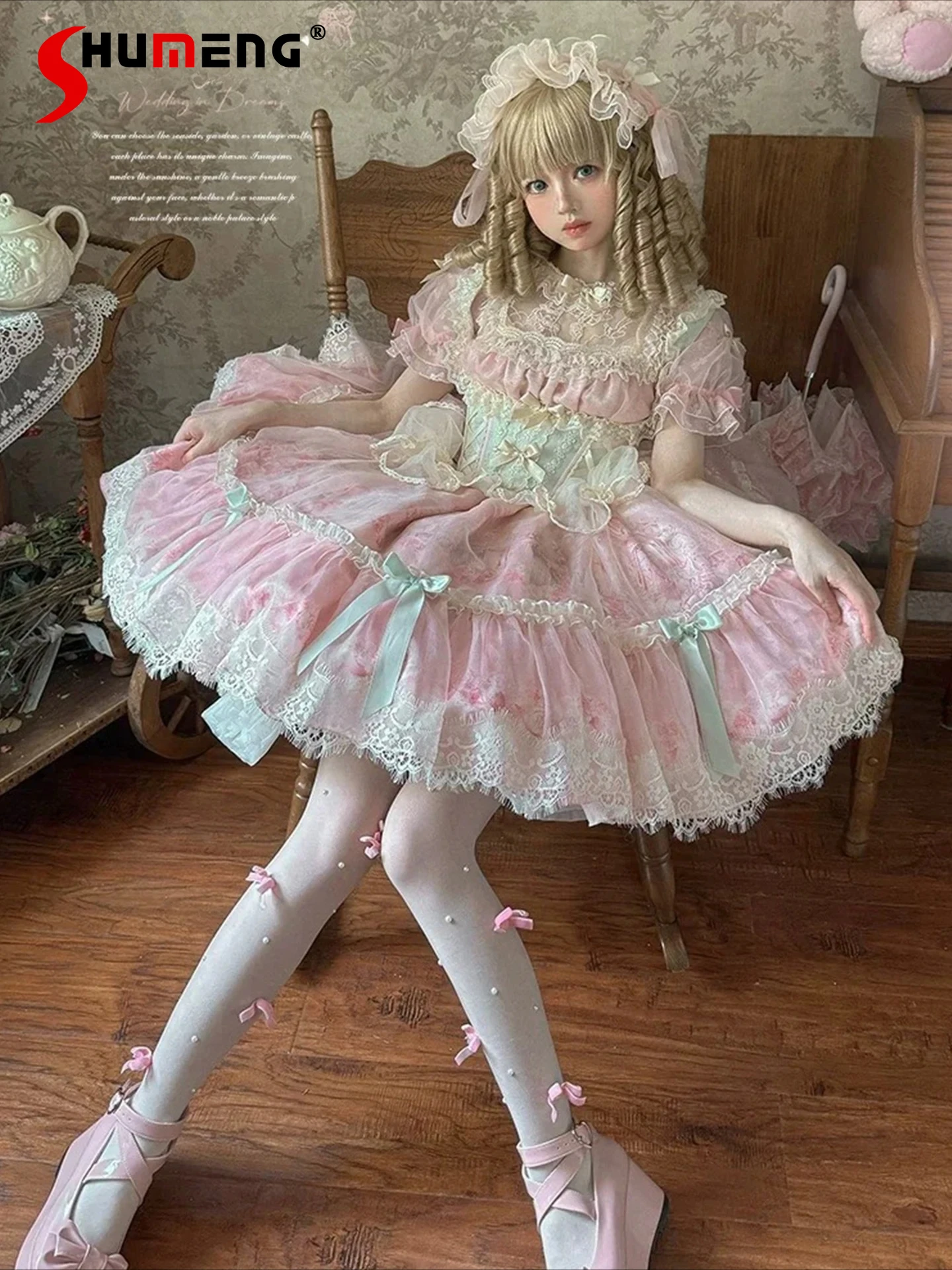 

Sweet Pink Wedding Dress French Elegant Princess Tea Party Dress Japanese Girls Sweet Bow Lace Lolita Short Sleeve Dresses OP