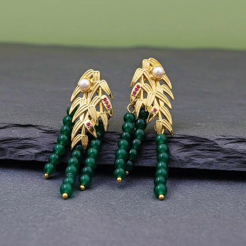 Vintage Artistic Natural Green Chalcedony Earrings For Women High End Tassel New Chinese Style Light Luxury Ear Studs Drop