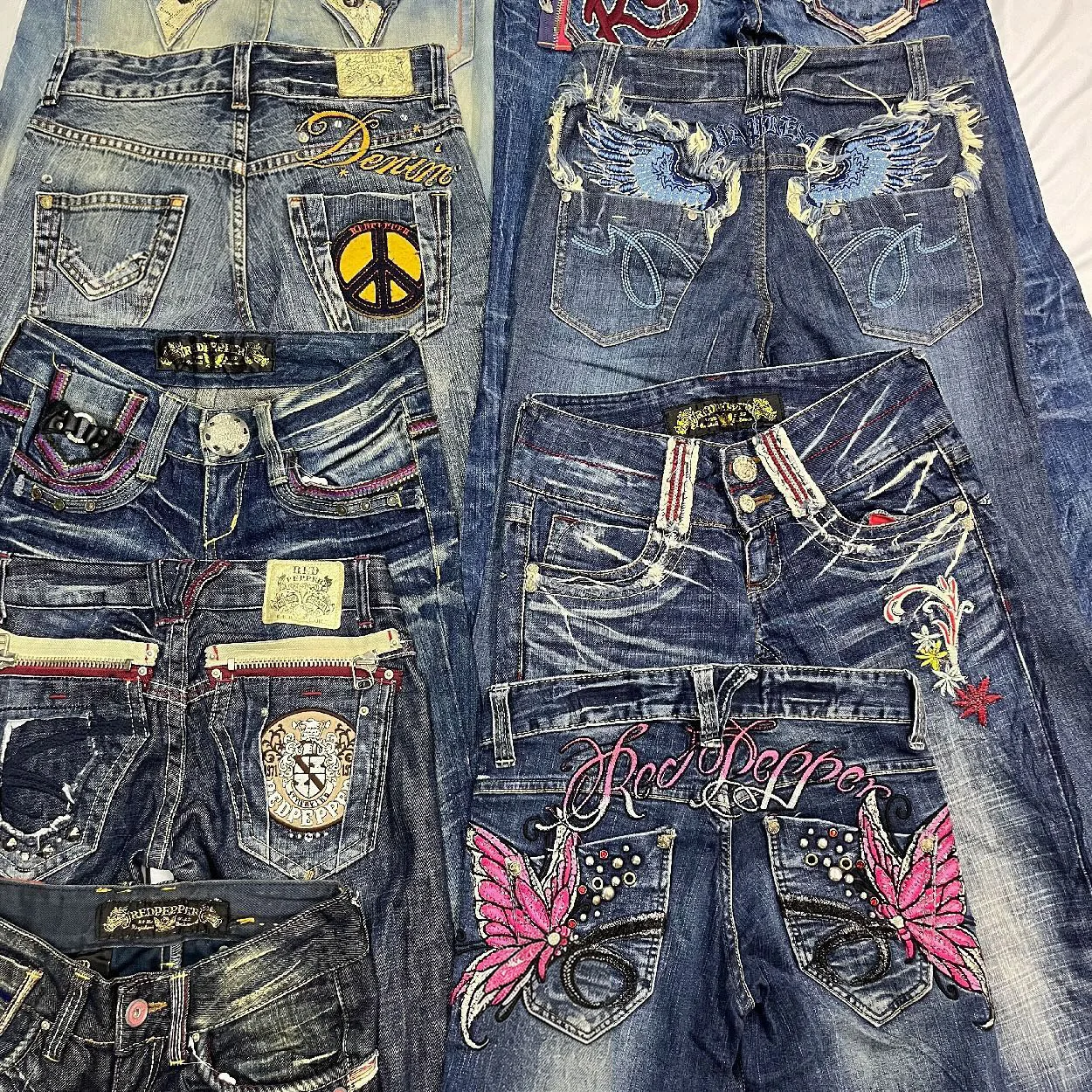 Vintage Embroidered Low Waist Bell Bottom Denim Jeans Women's Trendy Style Travel Casual Deep And Light Colors Available