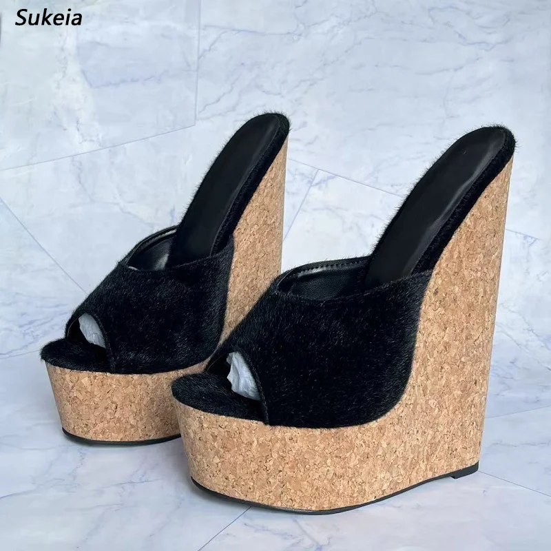 Sukeia Women Platform Mules Sandals Slip On Wedges High Heels Round Toe Pretty Black Casual Shoes Ladies US Plus Size 5-15